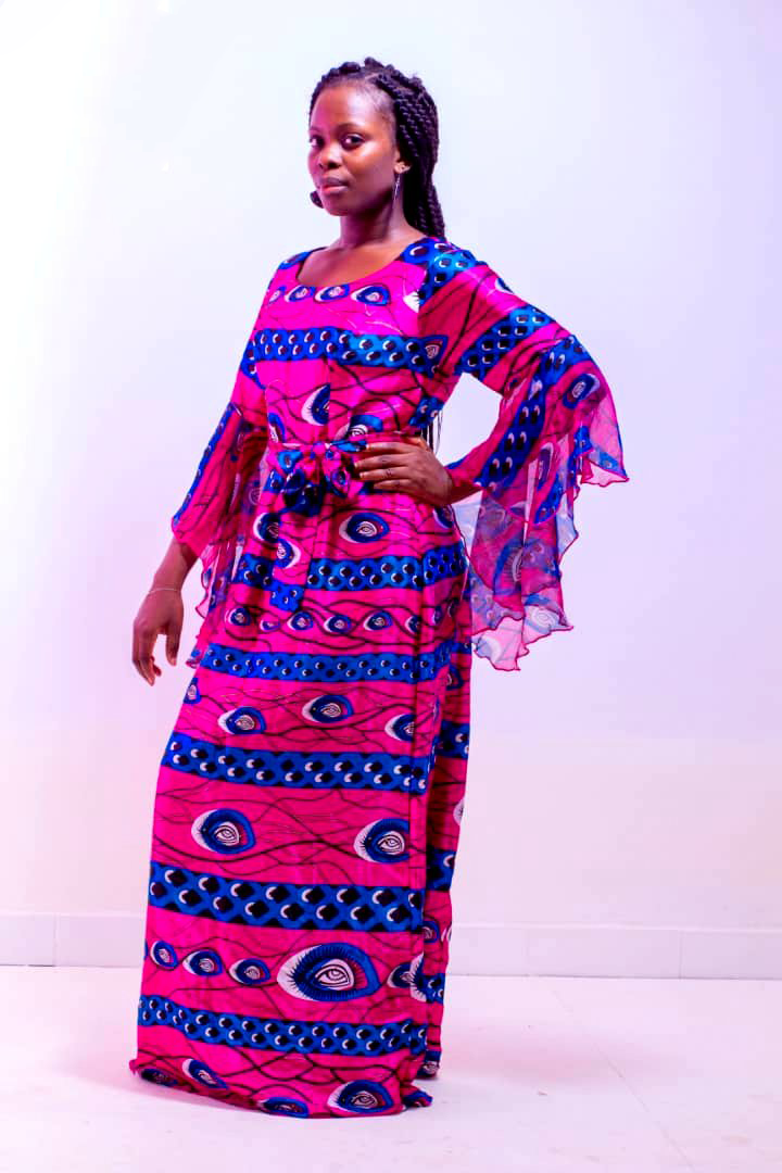 Shamma-robe en soie rose au motif bleu pour femme
